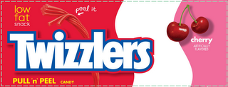 TWIZZLERS, PULL 'N' PEEL, CANDY, CHERRY, PEEL IT, LOW FAT SNACK AND ARTIFICIALLY FLAVORED logo