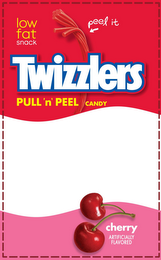 TWIZZLERS PULL 'N' PEEL CANDY CHERRY PEEL IT LOW FAT SNACK AND ARTIFICIALLY FLAVORED logo