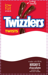 TWIZZLERS TWISTS LOW FAT SNACK TOTALLY TWISTED MADE WITH REAL HERSHEY'S CHOCOLATE NATURALLY AND ARTIFICIALLY FLAVORED logo