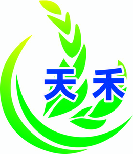 TWO CHINESE CHARACTERS IN BLUE, PHONETICALLY SOUNDS : TIAN HE.  THEY LITERALLY MEAN “ HEAVEN-SENT RICE”.  THE NON-LATIN CHARACTER THAT TRANSLITERATES TO “TIAN HE” AND MEANS “HEAVEN-SENT RICE” GREEN, CANARY  LEAVES ARE THE LEAVES OF  GROWING RICE IN THE RICE FIELD. logo