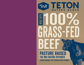 TWR TETON WATERS RANCH MADE WITH 100% GRASS-FED BEEF PASTURE RAISED THE WAY NATURE INTENDED NEVER CONFINED VISIT TWRVALUES.COM FOR MORE logo