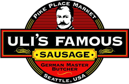ULI'S FAMOUS SAUSAGE GERMAN MASTER BUTCHER PIKE PLACE MARKET SEATTLE, USA logo
