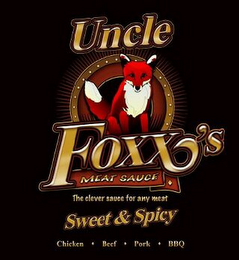 UNCLE FOXX'S MEAT SAUCE, THE CLEVER SAUCE FOR ANY MEAT, MEAT SAUCE, SWEET & SPICY CHICKEN BEEF PORG BBQ logo
