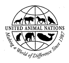 UNITED ANIMAL NATIONS MAKING A WORLD OF DIFFERENCE SINCE 1987 logo