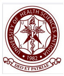 UNIVERSITY OF HEALTH SCIENCES ANTIGUA 1982 UHSA DEO ET PATRIAE logo