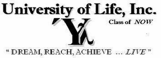 UNIVERSITY OF LIFE, INC.  CLASS OF NOW "DREAM, REACH, ACHIEVE ... LIVE" logo