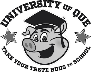 UNIVERSITY OF QUE TAKE YOUR TASTE BUDS TO SCHOOL logo