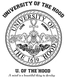 UNIVERSITY OF THE 1619 HOOD LOVE POWER EACH ONE TEACH ONE A MIND IS A BEAUTIFUL THING TO DEVELOP logo
