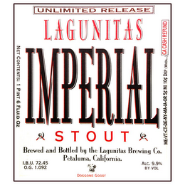 UNLIMITED RELEASE LAGUNITAS IMPERIAL STOUT BREWED AND BOTTLED BY THE LAGUNITAS BREWING CO. PETALUMA, CALIFORNIA DOGGONE GOOD! logo
