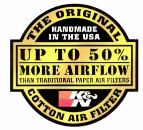 UP TO 50% MORE AIRFLOW THAN TRADITIONAL PAPER AIR FILTERS THE ORIGINAL COTTON AIR FILTER HANDMADE IN THE USA K&N logo