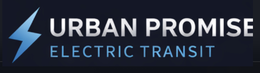 URBAN PROMISE ELECTRIC TRANSIT WITH A ELECTRIC BLUE LIGHTNING BOLT TO THE LEFT OF THE WORDING. logo