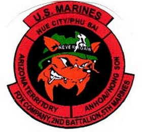 U.S. MARINES FOX COMPANY, 2ND BATTALION, 5TH MARINES HUE CITY/PHU BAI ARIZONA TERRITORY ANHOA//NONG SON NEVER AGAIN logo