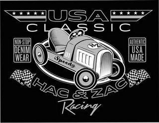 USA CLASSIC NON-STOP DENIM WEAR 01 SPEEDY HZ AUTHENTIC USA MADE HAC & ZAC RACING logo