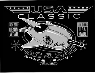 USA CLASSIC NON-STOP DENIM WEAR HZ SONIC AUTHENTIC USA MADE HAC & ZAC SPACE TRAVEL TOURS logo