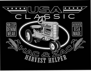 USA CLASSIC NON-STOP DENIM WEAR OL' BESSY AUTHENTIC USA MADE HAC & ZAC HARVEST HELPER logo