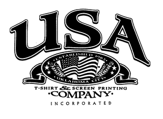 USA T-SHIRT & SCREEN PRINTING COMPANY INCORPORATED ESTABLISHED 1982 OKLAHOMA CITY logo