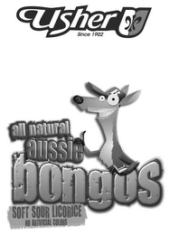 USHER SINCE 1902 ALL NATURAL AUSSIE BONGOS SOFT SOUR LICORICE NO ARTIFICIAL COLORS logo