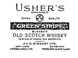 USHER'S "GREEN STRIPE" BLENDED OLD SCOTCH WHISKY (A BLEND OF CHOICE OLD WHISKIES) EXTRA QUALITY J. & G. STEWART LTD. DISTILLERS ESTABLISHED 1779 EDINBURGH PRODUCED IN SCOTLAND logo