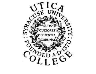 UTICA COLLEGE SYRACUSE UNIVERSITY FOUNDED A D 1870 SUOS CULTORES SCIENTIA CORONAT logo