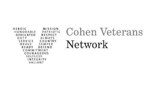 V HEROIC MISSION HONORABLE PATRIOTIC DEDICATED RESPECT DUTY ALWAYS SERVICE COUNTRY BRAVE SEMPER READY DEFEND COMMITMENT COURAGEOUS SELFLESS INTEGRITY VALIANT COHEN VETERANS NETWORK logo