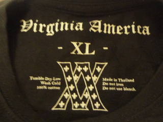 VA VIRGINIA AMERICA XL TUMBLE DRY LOW WASH COLD 100/% COTTON MADE IN THAILAND DO NOT IRON DO NOT USE BLEACH. logo