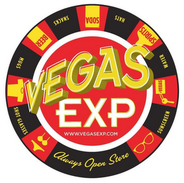VEGAS EXP ALWAYS OPEN STORE SHOT GLASSES MUGS SNACKS HATS WATER SUNSCREEN logo