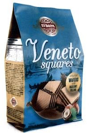 VENETO SQUARES EVROPA ESTABLISHED 1882 DELIGHTFUL WAFERS WITH HAZELNUT FILLING logo