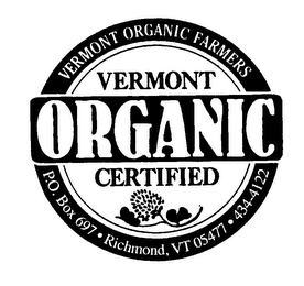VERMONT ORGANIC CERTIFIED VERMONT ORGANIC FARMERS P.O. BOX 697 RICHMOND, VT 05477 434-4122 logo