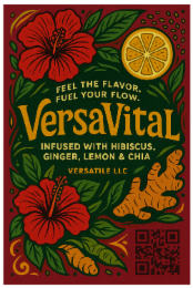 VERSAVITAL FUEL YOUR FLOW. FEEL THE FLAVOR. INFUSED WITH HIBISCUS, GINGER, LEMON, HONEY & CHIA VERSATILE LLC logo