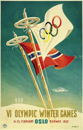 VI OLYMPIC WINTER GAMES 14.-25. FEBRUARY OSLO NORWAY 1952 DE VI. OLYMPISKE VINTRLEKER OSLO 1952 KNUT YRAN logo