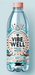 VIBE WELL POZZI WATER I AM WORTHY FOF LOVE AND HAPPINESS logo