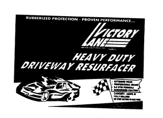 VICTORY LANE HEAVY DUTY DRIVEWAY RESURFACER RUBBERIZED PROTECTION - PROVEN PERFORMANCE... ANOTHER QUALITY PRODUCT BY: GARDNER EXTENDED WEAR PROFESSIONAL GRADE E-Z STIR FORMULA RUBBERIZED COATING DANGER!: HARMFUL OR FATAL IF SWALLOWED. SEE OTHER CAUTIONS ON BACK PANEL. 5 GALLONS U.S. MEASURE (18.9 LITERS) logo