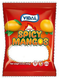 VIDAL GUMMI SPICY MANGOS NET WEIGHT 3.5OZ (100G) FAT FREE NUT FREE GLUTEN FREE logo