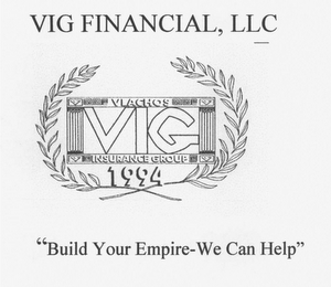VIG FINANCIAL, LLC VIG FINANCIAL AND INSURANCE SERVICES "BUILD YOUR EMPIRE-WE CAN HELP" VIG 1994 VLACHOS INSURANCE GROUP V V V V "YOU DON'T NEED AN ARMY TO CONQUER YOUR FINANCIAL GOALS-JUST GUIDANCE FROM A VIG FINANCIAL REPRESENTATIVE" logo