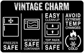 VINTAGE CHARM FREEZER SAFE MICROWAVE SAFE CONTAINER EASY CLEAN-UP TOP RACK DISHWASHER SAFE AVOID EXTREME TEMP CHANGES HOT COLD logo