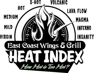 VIRGIN MILD MEDIUM HOT X-HOT VOLCANIC LAVA FLOW MAGMA INFERNO INSANITY EAST COAST WINGS & GRILL HEAT INDEX HOW HOT IS TOO HOT? logo