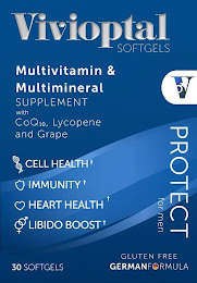 VIVIOPTAL SOFTGELS V PROTECT FOR MEN MULTIVITAMIN & MULTIMINERAL SUPPLEMENT WITH COQ10, LYCOPENE AND GRAPE CELL HEALTH IMMUNITY HEART HEALTH LIBIDO BOOST 30 SOFTGELS GLUTEN FREE GERMANFORMULA logo
