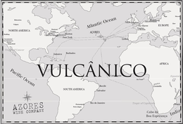 VULCÂNICO, AZORES WINE COMPANY, NORTH AMERICA, SOUTH AMERICA, EUROPE, AFRICA, EDMONTON, CALGARY, REDDING, SACRAMENTO, SAN FRANCISCO, FRESNO, BAKERSFIELD, TROPIC OF CANCER, PACIFIC OCEAN, MONTREAL, TORONTO, GLOUCESTER, FALL RIVER, ERIE NEW BEDFORD, PROVINCETOWN, BOSTON, NEW YORK, JAMAICA, BARBADOS, RECIFE, SALVADOR, RIO DE JANEIRO, FLORIANÓPOLIS, PORTO ALEGRE, ATLANTIC OCEAN, AÇORES, CABO VERDE, TROPIC OF CAPRICORN, CORK, LONDON, LISBOA, SÃO TOMÉ, CABO DA BOA ESPERANÇA, LUANDA, ANGOLA, LA ROCHELLE, NANTES, LE HAVRE, AMSTERDAM, HAMBURG, RIGA, MOSCOW, KIEV, AZOV, EQUATOR, MOZAMBIQUE, MAPU AND INDIA logo