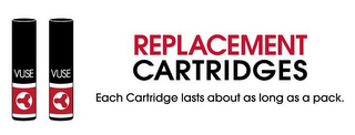 VUSE REPLACEMENT CARTRIDGES EACH CARTRIDGE LASTS ABOUT AS LONG AS A PACK logo