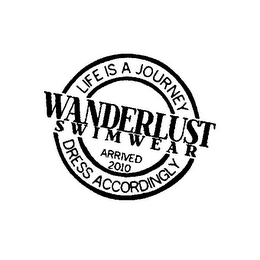WANDERLUST SWIMWEAR ARRIVED 2010 LIFE IS A JOURNEY DRESS ACCORDINGLY logo