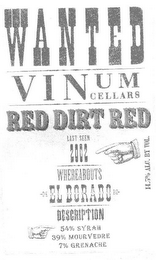 WANTED VINUM CELLARS RED DIRT RED LAST SEEN 2002 WHEREABOUTS EL DORADO DESCRIPTION 54% SYRAH 39% MOURVEDRE 7% GRENACHE 14.5 ALC. BY VOL. logo