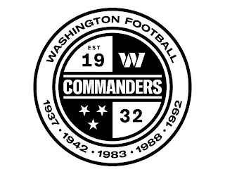 WASHINGTON FOOTBALL EST 19 W COMMANDERS 32 1937 · 1942 · 1983 · 1988 · 1992 logo