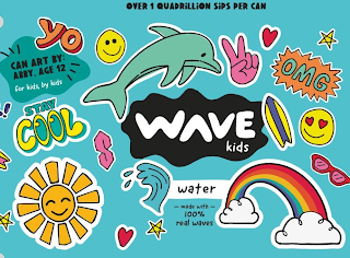 WAVE KIDS WATER MADE WITH 100% REAL WAVES OVER 1 QUADRILLION SIPS PER CAN  CAN ART BY: ABBY, AGE 12 FOR KIDS, BY KIDS YO STAY COOL OMG logo