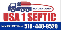 WE LUV POOP USA 1 SEPTIC WWW.USA1SEPTIC.COM 518-448-9520 logo