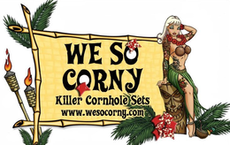 WE SO CORNY  KILLER CORNHOLE SETS WWW.WESOCORNY.COM logo