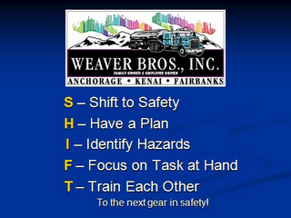 WEAVER BROS., INC. FAMILY OWNED & EMPLOYEE DRIVEN ANCHORAGE · KENAI · FAIRBANKS S - SHIFT TO SAFETY H - HAVE A PLAN I - IDENTIFY HAZARDS F - FOCUS ON TASK AT HAND T - TRAIN EACH OTHER TO THE NEXT GEAR IN SAFETY! logo