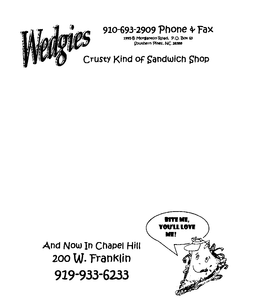 WEDGIES CRUSTY KIND OF SANDWICH SHOP BITE ME YOU'LL LOVE ME logo