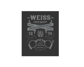 WEISS LOCK & KEY, APPLETON, WISCONSIN, NOTHING ESCAPES OUR QUALITY, 1874, PRECISION IN MANUFACTURING, PERFORMS WITHOUT FAIL logo