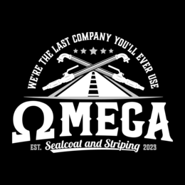 WE'RE THE LAST COMPANY YOU'LL EVER USE OMEGA EST. SEALCOAT AND STRIPING 2023 logo