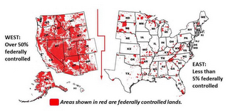 WEST: OVER 50% FEDERALLY CONTROLLED, EAST: LESS THAN 5% FEDERALLY CONTROLLED, AREAS SHOWN IN RED ARE FEDERALLY CONTROLLED LANDS. WA, OR, ID, MT, CO, UT, WY, CA, AZ, NM, NV, AK, HI, ND, SD, NE, KS, OK, TX, MN, IA, MO, AR, LA, MS, AL, GA, FL, TN,SC, NC, KY, VA, WV, OH, IN, IL, WI, MI, ME, PA, NY, MN, VT, NH, MA, CT, RI, NJ, DE, MD logo